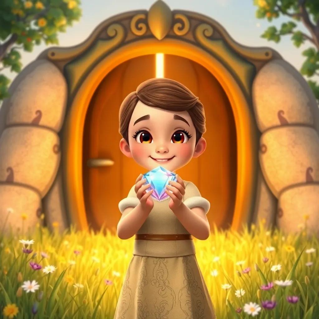 Ella holding a friendship gem in her hands, standing in front of the floating door in the meadow, her face beaming with happiness and gratitude, magical atmosphere, warm colors, uplifting mood, high quality