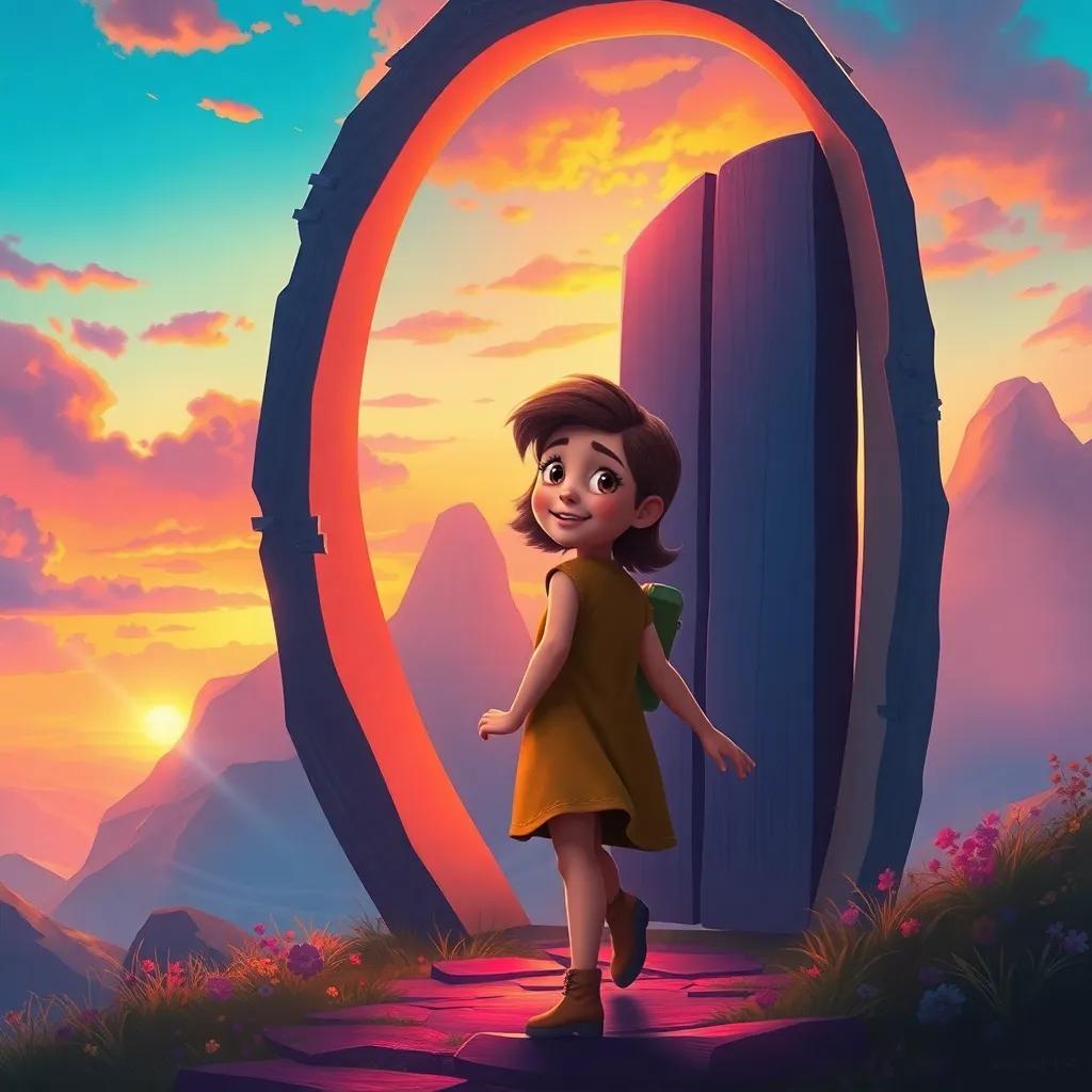 Ella stepping back through the floating door, looking back at the magical world with a smile, sunset colors reflected in the door, a sense of adventure and accomplishment in her eyes, digital painting, emotional and vibrant, high quality