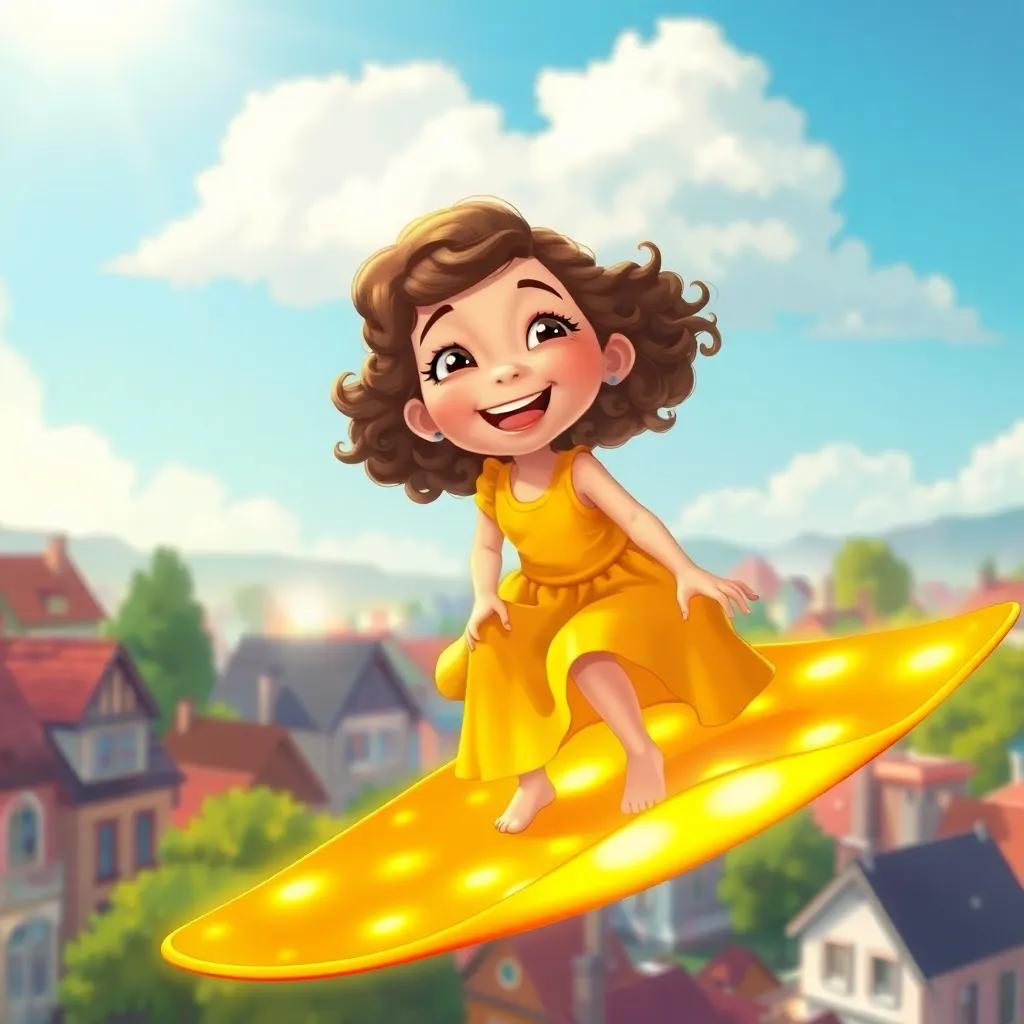 Ella, a curious girl with curly brown hair in a bright yellow dress, riding a glowing flying carpet over her neighborhood, laughing with joy, detailed digital art, vibrant colors, warm sunlight, high quality