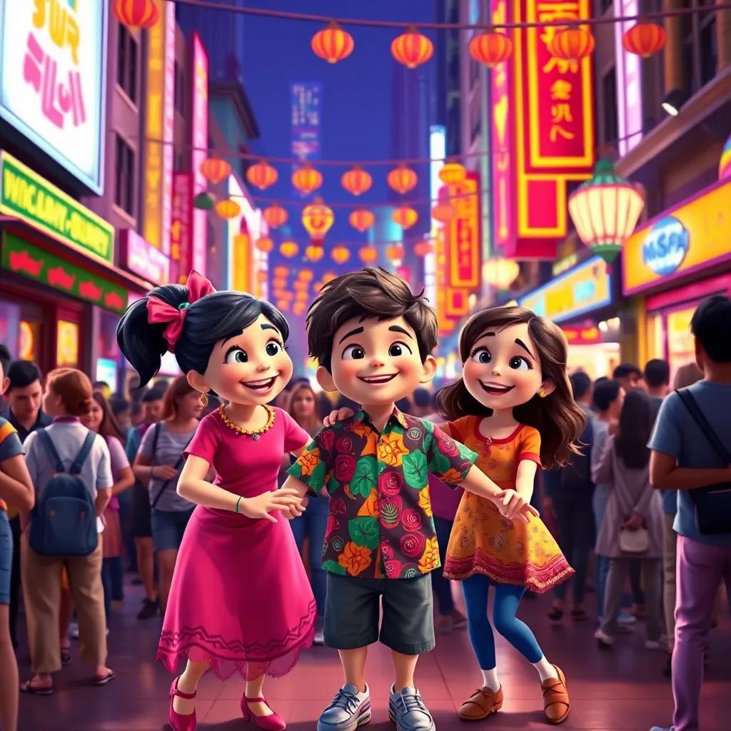A bustling city scene with Ella and her friends smiling while dancing with a friendly boy in a vibrant shirt, surrounded by colorful decorations and a lively crowd, joyful atmosphere, digital illustration, cheerful, culturally rich
