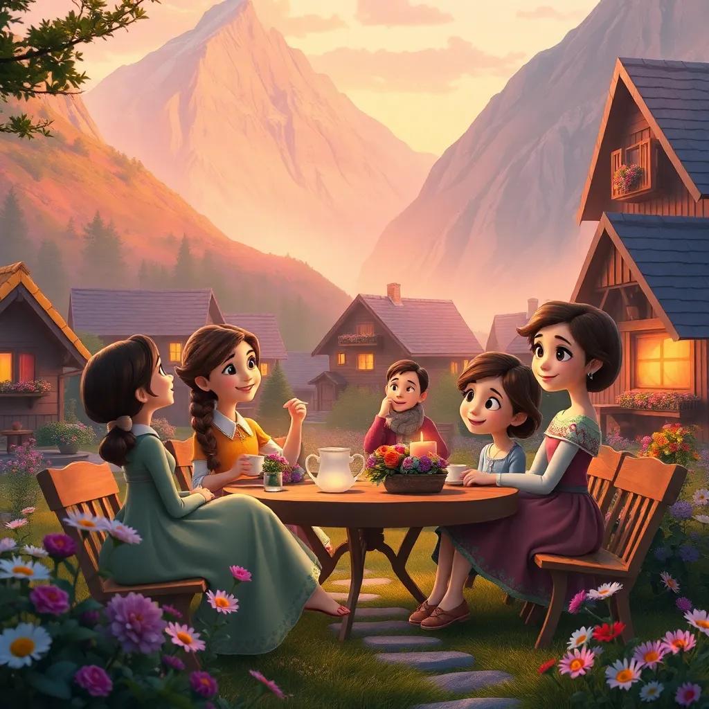 A serene mountain village with Ella and her friends enjoying tea with a kind girl in a beautiful dress, surrounded by cozy homes and flowers, gentle twilight light, warm tones, detailed, heartwarming