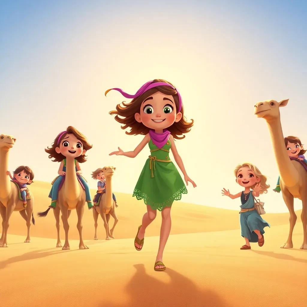 Ella and her friends playing games in a sunny desert with children, riding camels and laughing in the golden sands, bright blue sky above, cheerful, playful atmosphere, adventure illustration, colorful
