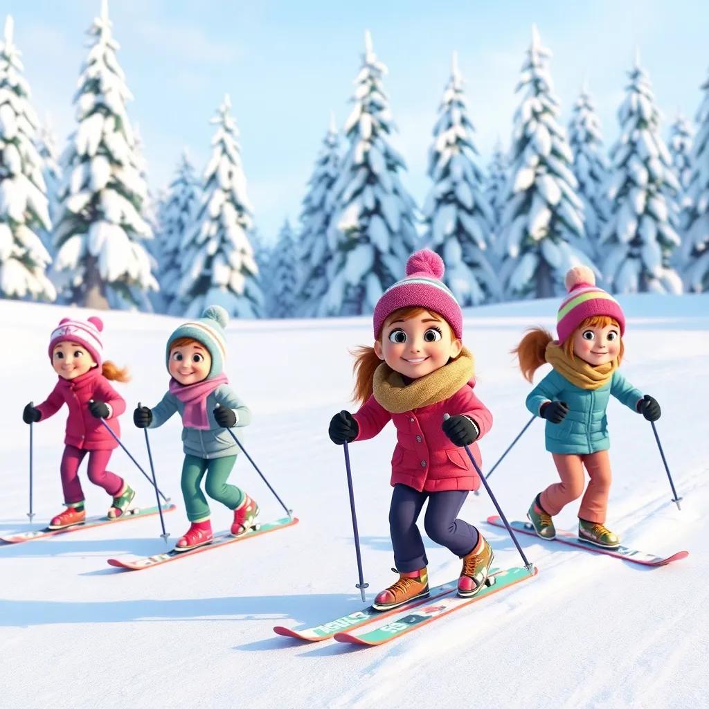 Ella and her friends skiing in a snowy landscape, cheering each other on and gliding down the slopes, tall pine trees covered in snow, fun and excitement, high-quality winter scene, dynamic