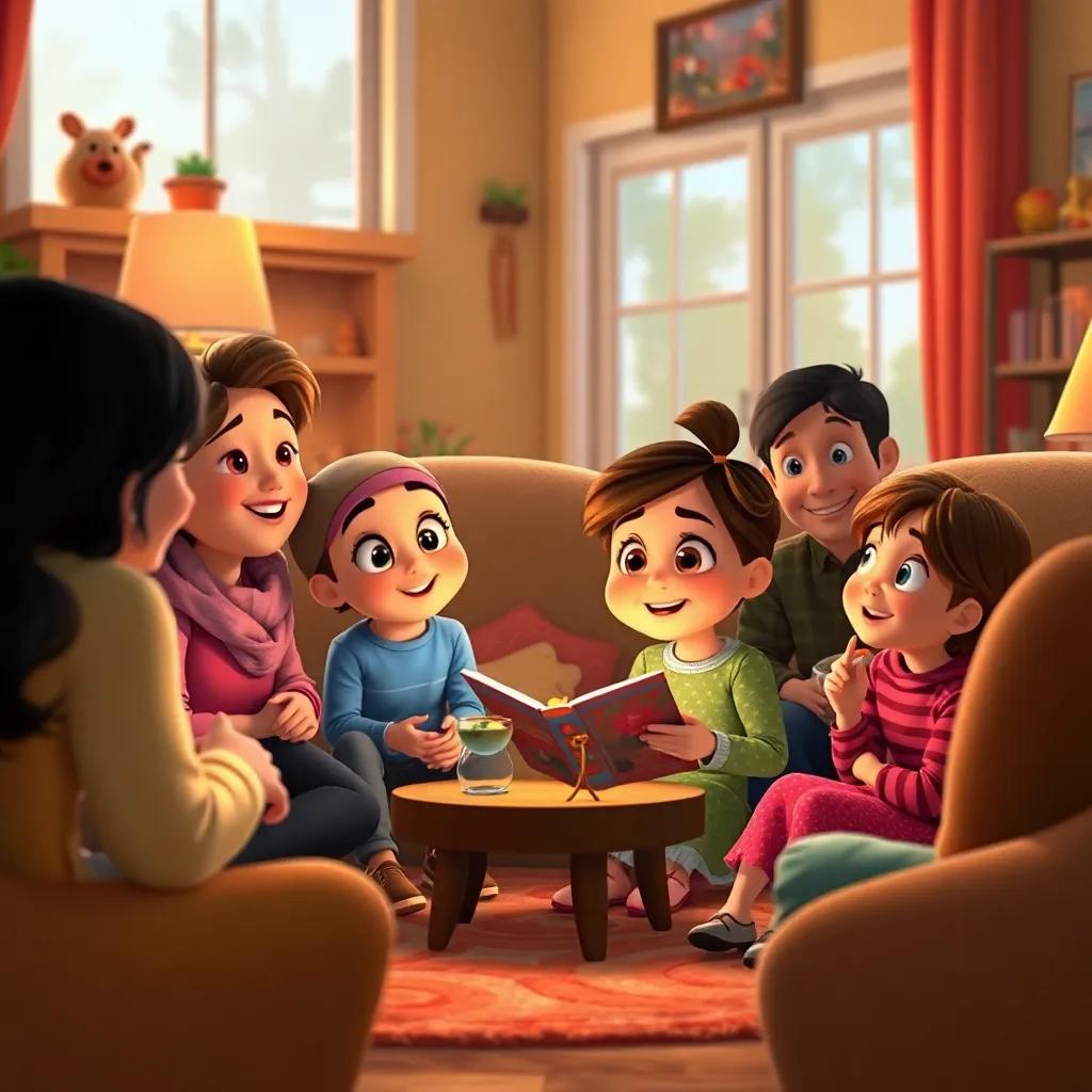 Ella sharing her adventures with her family in a cozy living room, everyone listening with wide eyes and smiles, surrounded by warmth and love, inviting atmosphere, digital art, familial warmth