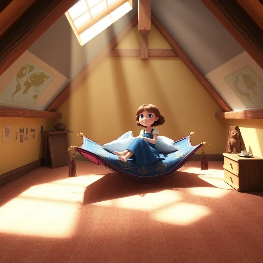 Ella's flying carpet resting in a sunny attic, filled with sunbeams, with memories of her adventures painted on the walls, soft light, nostalgic atmosphere, dreamlike art, high quality