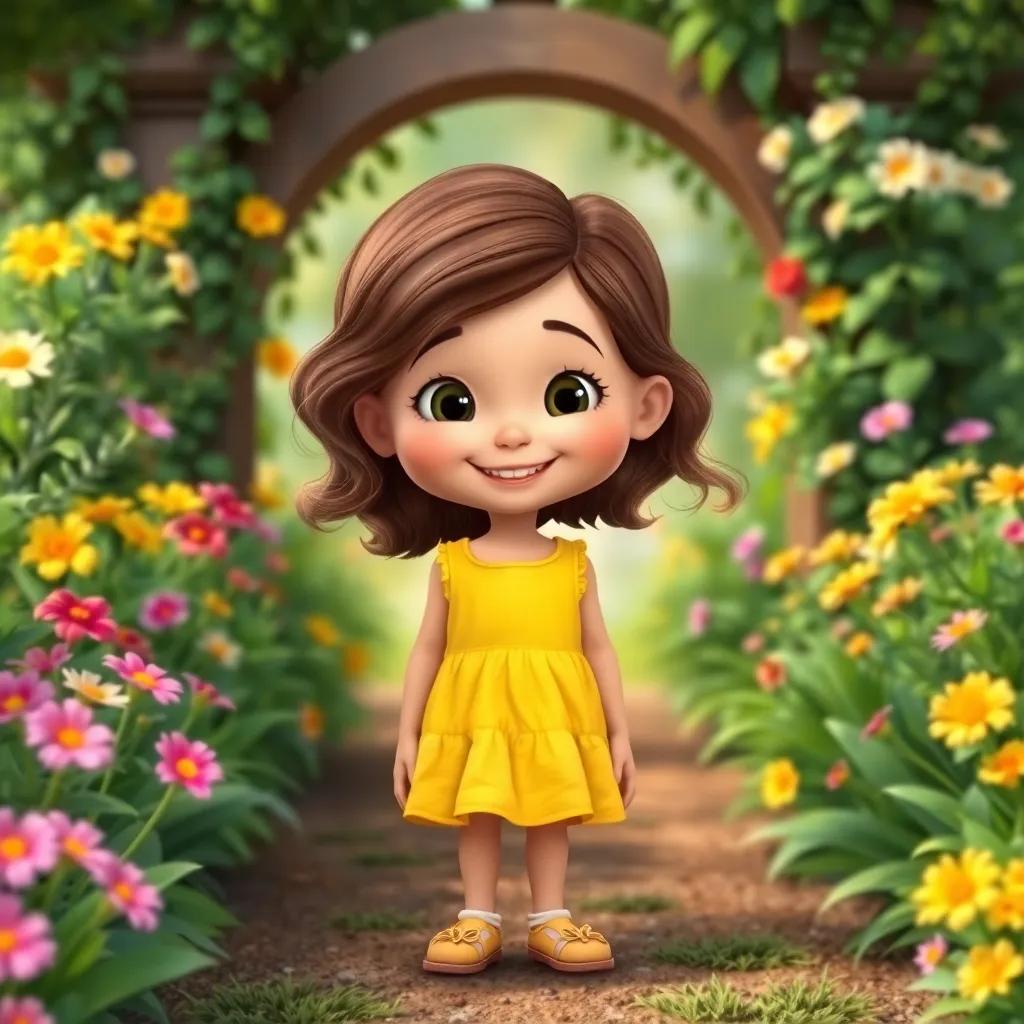 A cheerful girl named Ella, age 5, with wavy brown hair wearing a bright yellow dress, standing at the entrance of a lush, green garden with colorful flowers, digital art, vibrant colors, inviting atmosphere, high quality