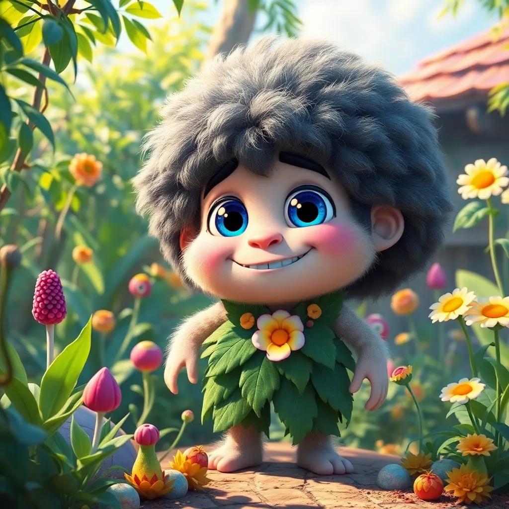 A friendly giant named Grom, a creature with big blue eyes and fluffy hair, wearing leaf pants and a flower shirt, surrounded by peculiar plants in his magical garden, digital painting, whimsical style, bright sunshine, cheerful scene