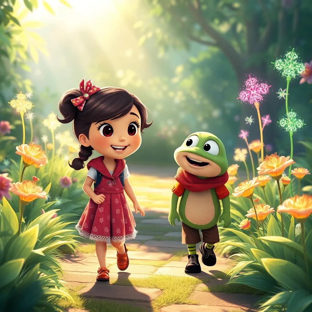 Ella and Grom walking through the garden, admiring the magical plants that shimmer and sparkle under the sunlight, joyful expressions, illustration, colorful, adventure-themed, engaging perspective