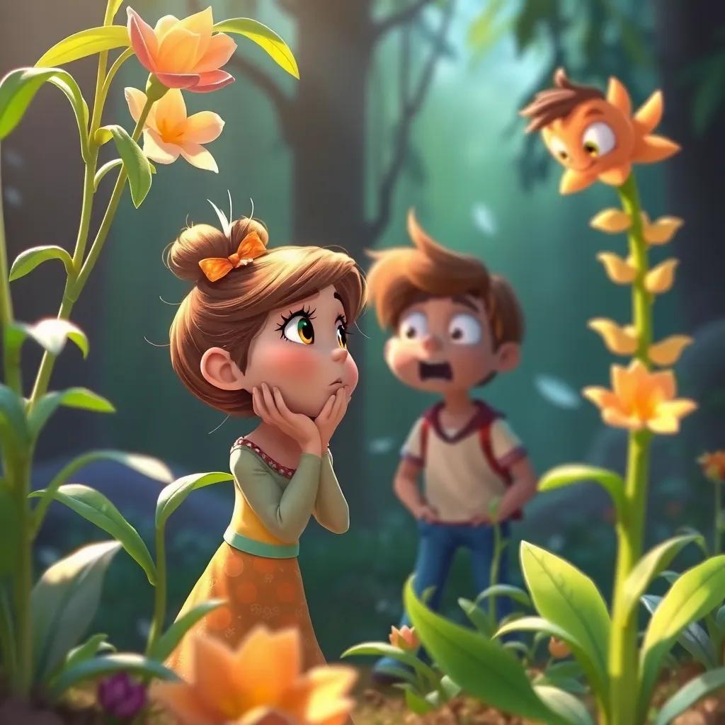 Ella whispering to the plants, which are growing tall and strong around her, with Grom in the background looking astonished, digital art, dynamic composition, vibrant palette, friendly atmosphere