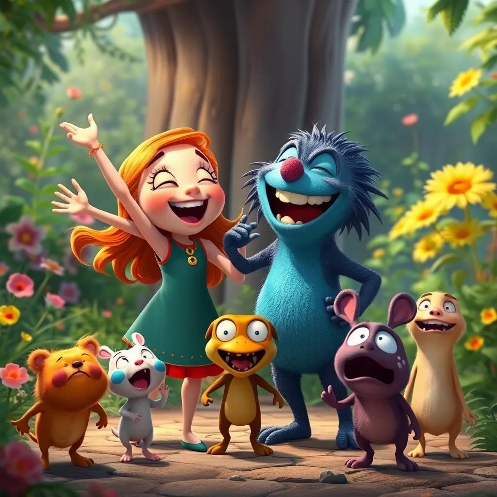 Ella and Grom celebrating their victory, standing together with a scared group of naughty creatures fleeing the magical garden, laughter and joy in their expressions, digital illustration, lively, rich colors, triumphant scene