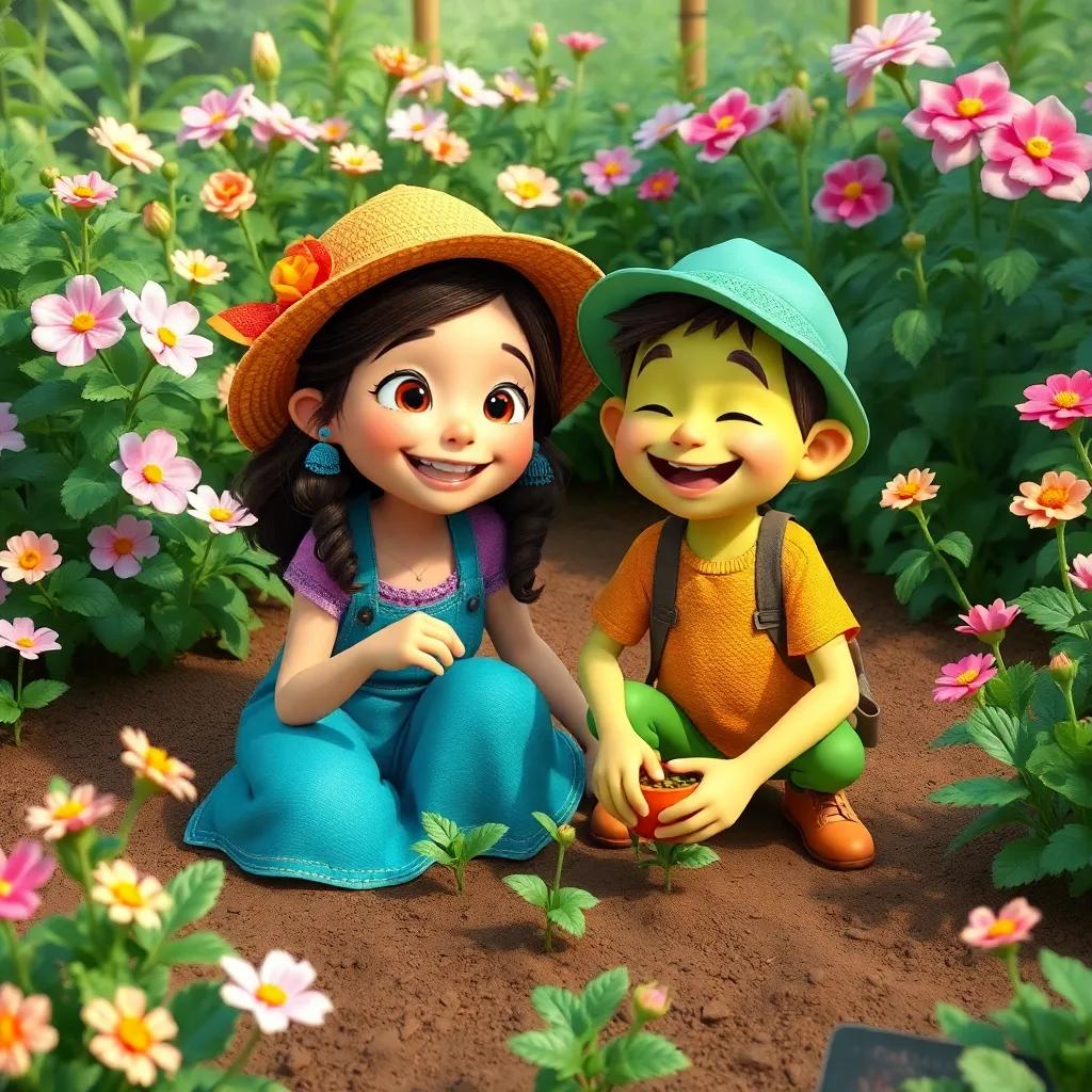 Ella and Grom planting new seeds in the garden, smiling and working as a team, surrounded by blooming flowers and lush greenery, digital art, cheerful, collaborative atmosphere, high detail