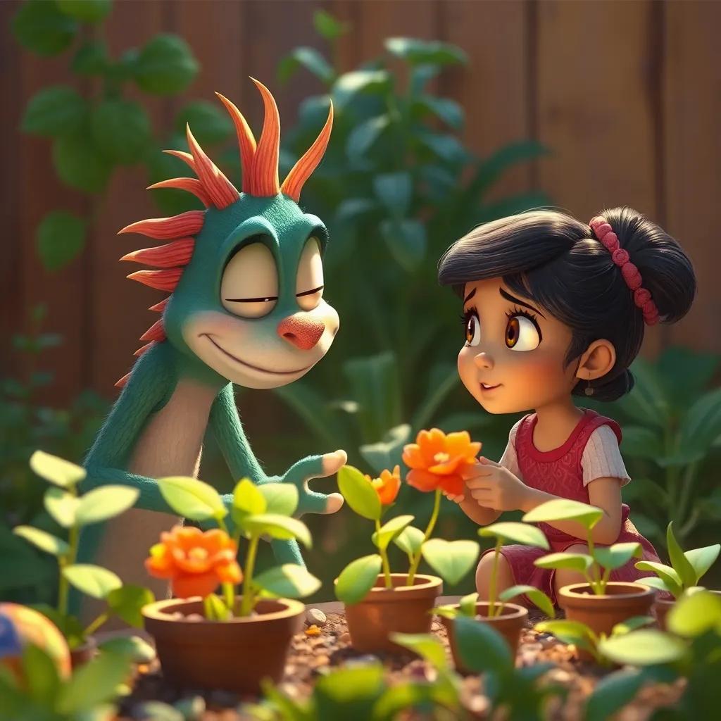 Grom showing Ella how to care for the plants in the garden, with plants that sing when touched, Ella looking amazed, digital painting, whimsical, tonal richness, imaginative