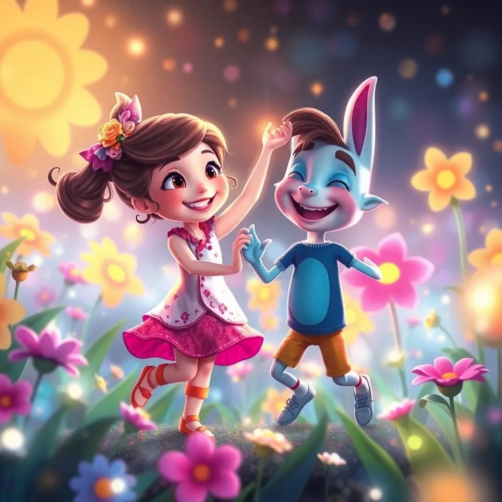 Ella and Grom doing a fun dance among the magical flowers, surrounded by glittering lights, their faces full of joy and friendship, joyful colors, fairy-tale ambiance, digital artwork