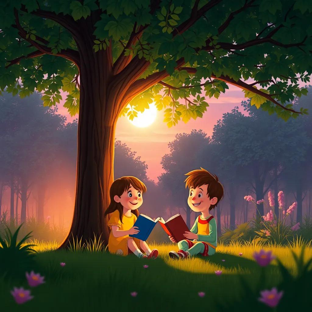 Ella and Grom sitting under a tall tree in the garden, sharing stories and laughter, with the sun setting in the background, peaceful and warm scene, digital art, soft tones, heartwarming