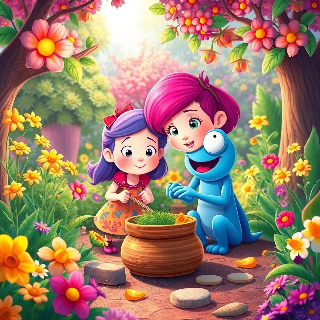 A colorful scene of Ella and Grom working together in their magical garden, with blooming flowers, dancing trees, and singing plants, creating an enchanting atmosphere, illustration, bright and happy, imaginative composition