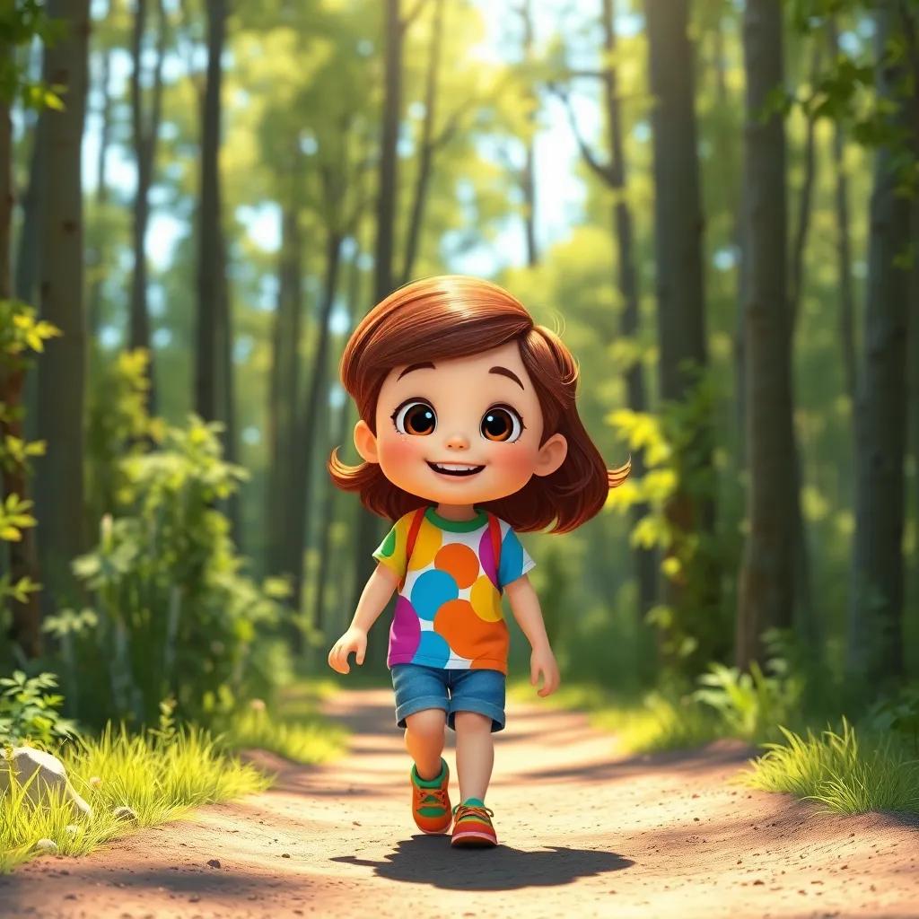 A sunny day in the woods with sunlight filtering through the trees, Ella, a cheerful 7-year-old girl with brown hair wearing a colorful t-shirt and shorts, walking on a dirt path, exploring excitedly, bright colors, vibrant atmosphere, digital art, child-friendly