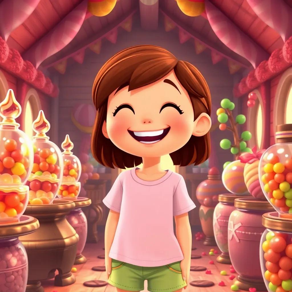 Ella, a cheerful 7-year-old girl with brown hair in a t-shirt and shorts, inside the candy cabin filled with chocolate fountains, gummy bear trees, and jars of candy, laughing joyfully, warm lighting, sweet atmosphere, delightful details, digital art, whimsical
