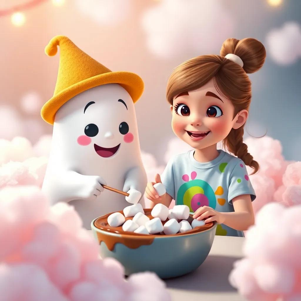 Boo, a tiny friendly ghost with a silly hat, and Ella, a cheerful 7-year-old girl with brown hair in a colorful t-shirt, happily dipping marshmallows in chocolate together, surrounded by fluffy cotton candy, playful vibe, bright colors, engaging atmosphere, digital art, charming