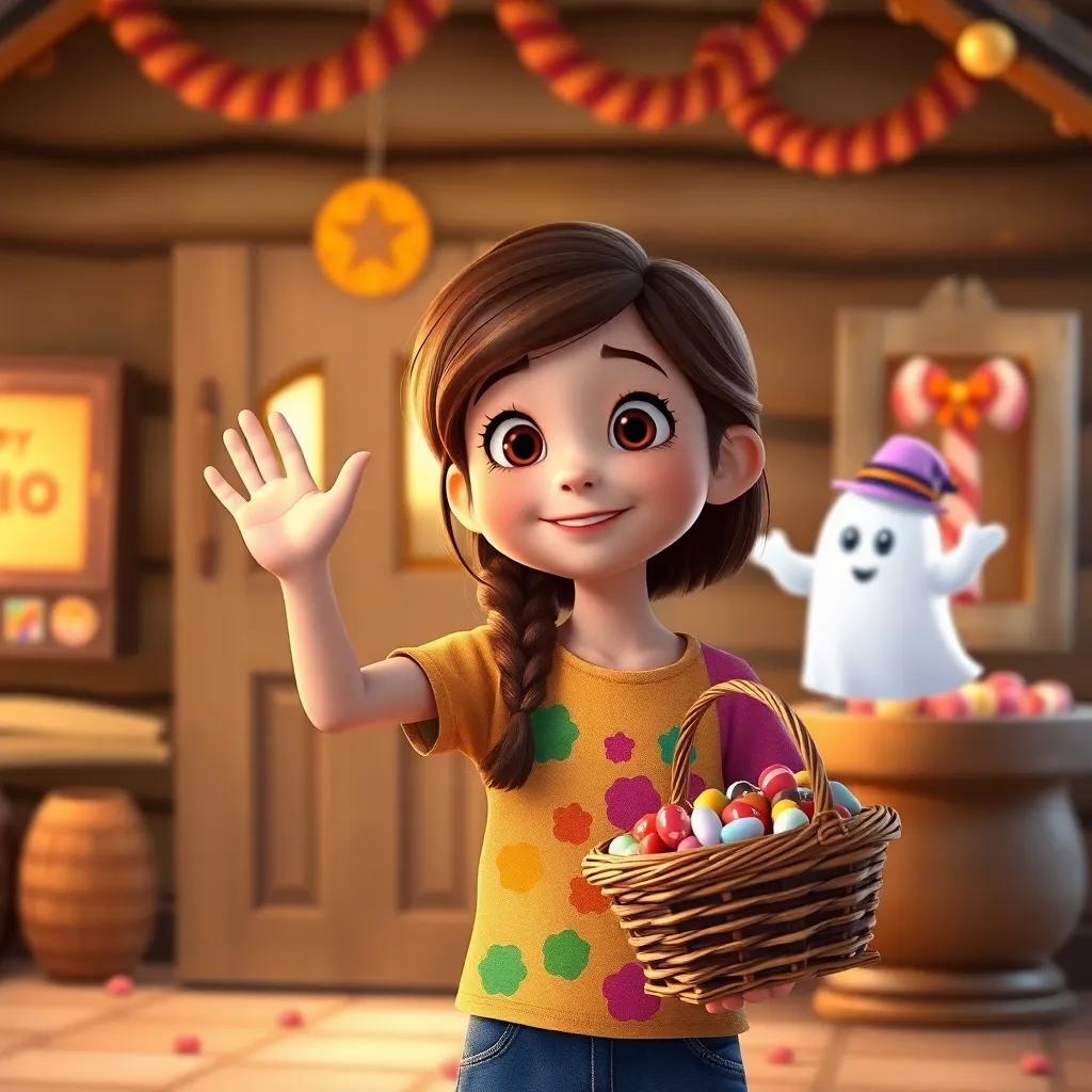 Ella, a cheerful 7-year-old girl with brown hair in a colorful t-shirt, waving goodbye to Boo, a tiny friendly ghost with a hat, at the candy cabin, with a basket full of candy in her hands, warm light, enchanting scene, friendly feeling, digital art, heartwarming