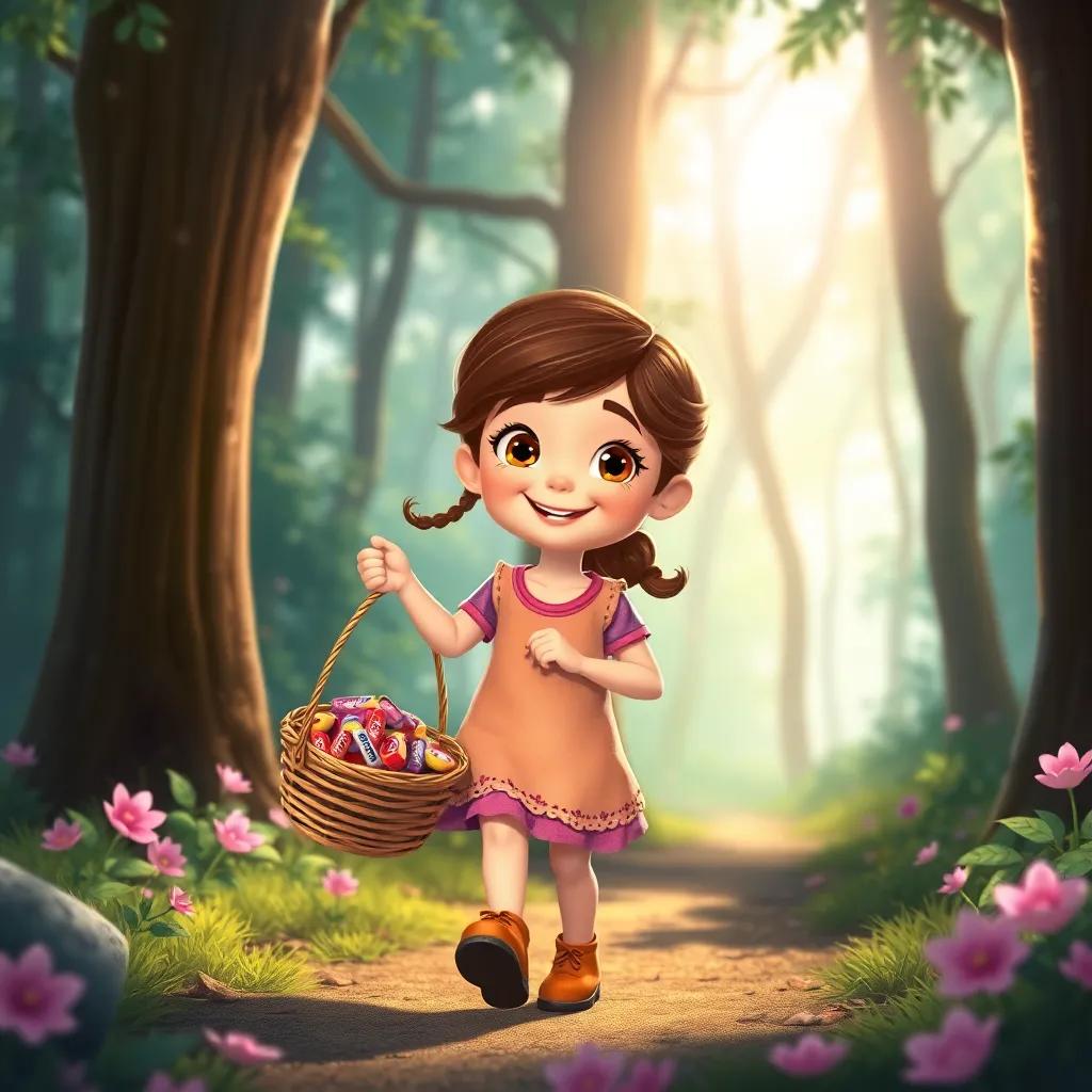 Ella, a cheerful 7-year-old girl with brown hair, walking through the woods, holding her basket of candy, with a beaming smile, sunlight shining through the trees, magical scenery, vibrant colors, joyful atmosphere, digital art, whimsical