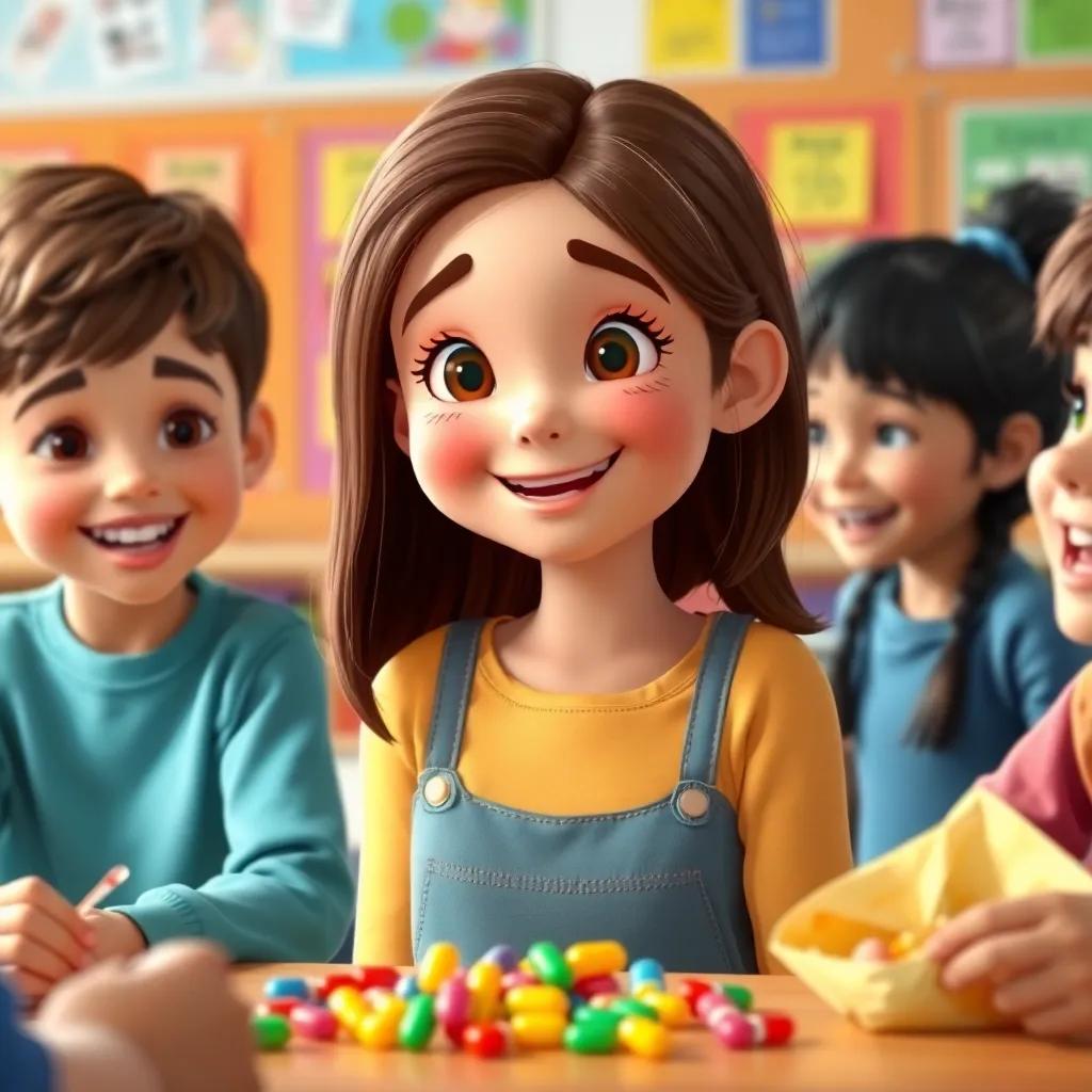 Ella, a cheerful 7-year-old girl with brown hair, at school sharing candy with her friends, all smiling and laughing, colorful classroom background, warmth and joy, engaging scene, bright colors, digital art, heartwarming