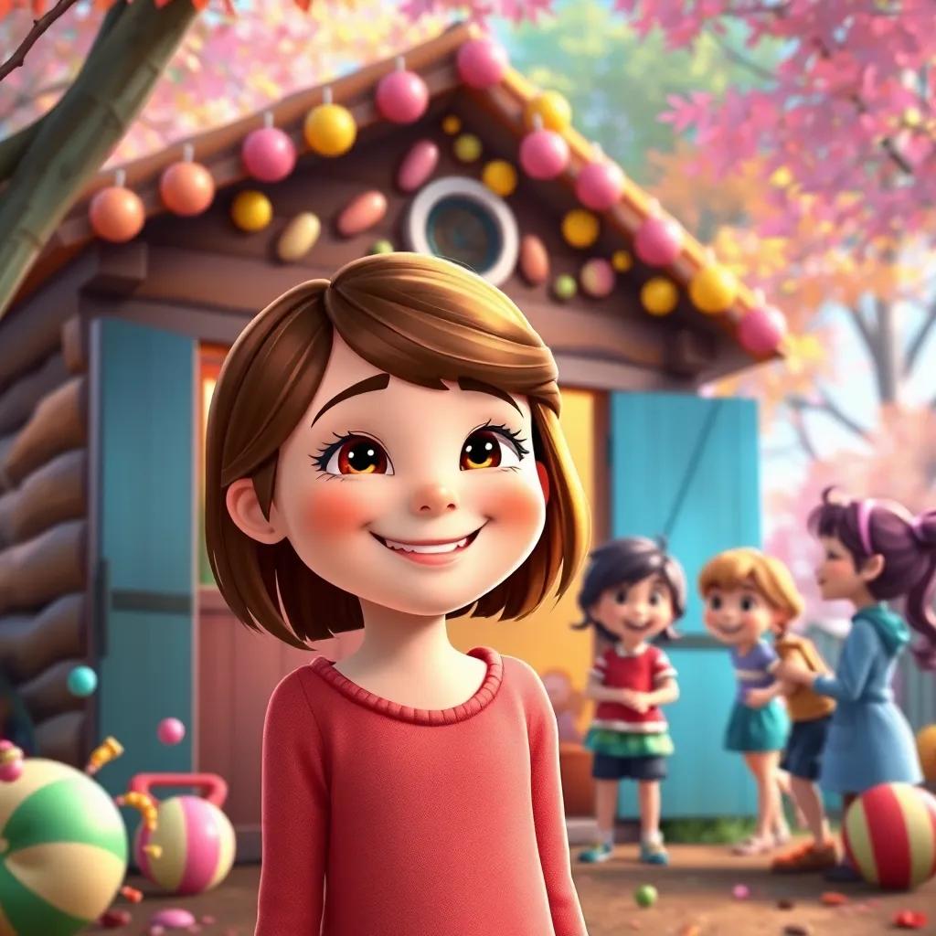 Ella, a cheerful 7-year-old girl with brown hair, outside the candy cabin with friends playing, lots of joy and laughter around, colorful trees in the background, inviting and fun atmosphere, digital art, charming