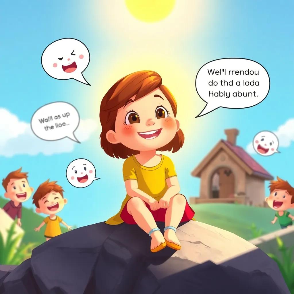 Ella, a cheerful 7-year-old girl with brown hair, sitting on a rock, telling her friends about the candy cabin, with happy expressions all around, sun shining, engaging scene, bright colors, digital art, encouraging creativity