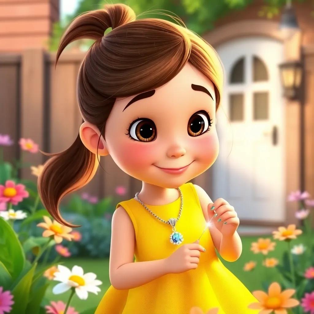 A curious girl, Ella, with brown hair in a ponytail, wearing a bright yellow dress, finding a shiny necklace in her backyard with flowers around, cheerful atmosphere, digital art, vibrant colors