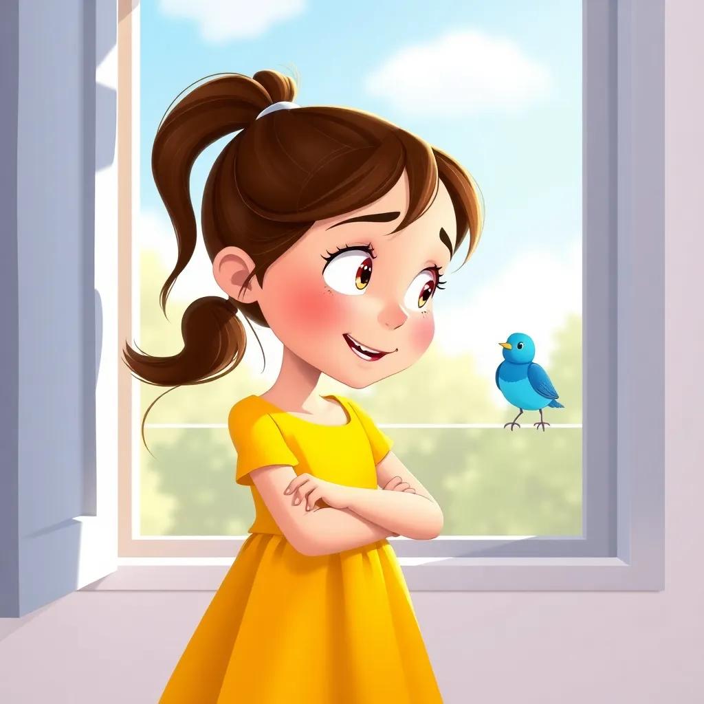 Ella, a curious girl with brown hair in a ponytail, wearing a bright yellow dress, talking to Chirpy, a tiny bright blue bird on her windowsill, sunny day, whimsical style, friendly mood