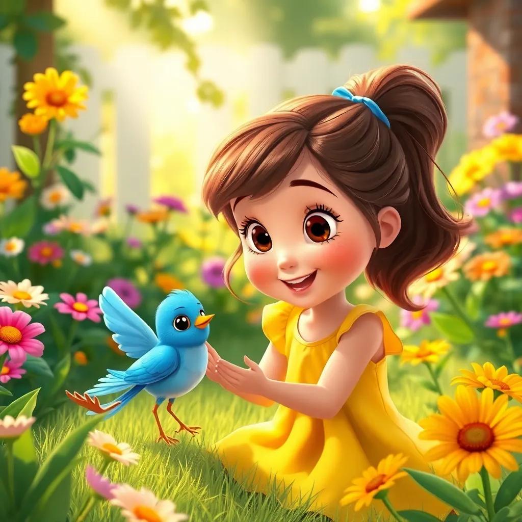 Ella, a curious girl with brown hair in a ponytail, wearing a bright yellow dress, playing in the garden with Chirpy, a blue bird, surrounded by colorful flowers and sunshine, joyful, cheerful setting