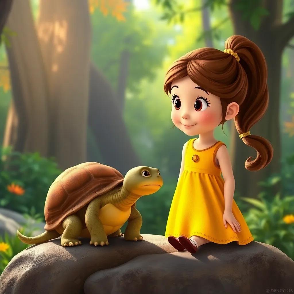 Ella, a curious girl with brown hair in a ponytail, wearing a bright yellow dress, meeting Timothy, a wise old turtle, sitting on a rock, vibrant forest background, friendly and adventurous vibe