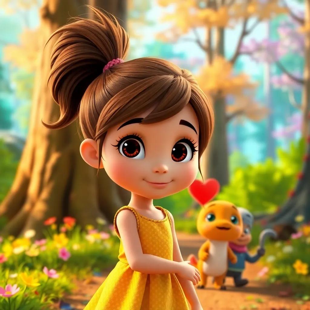 Ella, a curious girl with brown hair in a ponytail, wearing a bright yellow dress, walking with Timothy and Chirpy through a colorful forest, bright trees and flowers, exciting atmosphere, adventure theme
