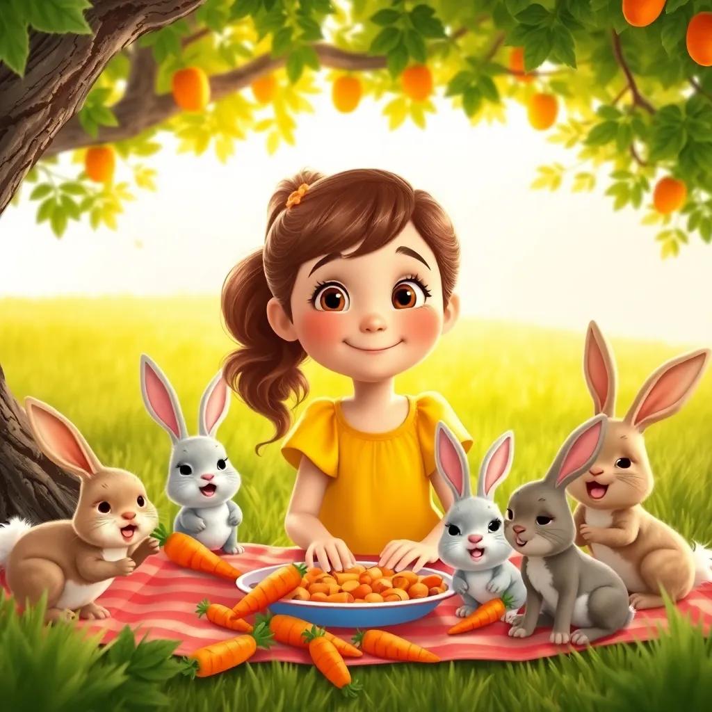 Ella, a curious girl with brown hair in a ponytail, wearing a bright yellow dress, picnicking with playful rabbits under a tree, joyful scenes with tasty carrots and happy faces, colorful and vibrant