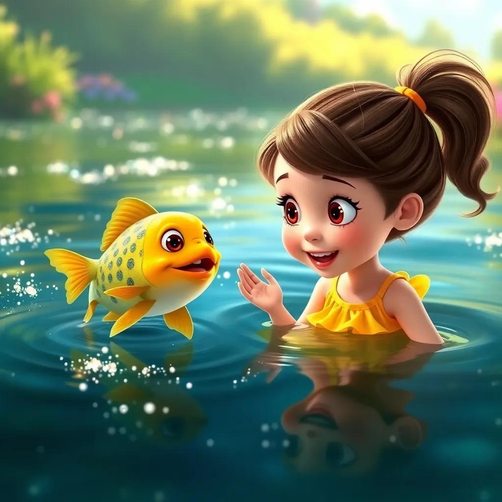 Ella, a curious girl with brown hair in a ponytail, wearing a bright yellow dress, meeting Finny, a friendly fish in a sparkling lake, excited expressions, colorful water and greenery, imaginative atmosphere