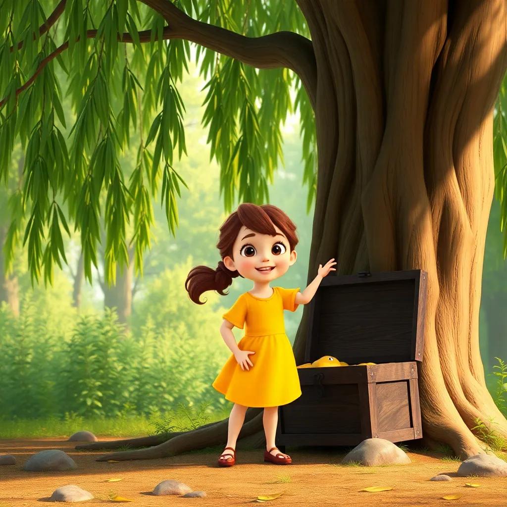 Ella, a curious girl with brown hair in a ponytail, wearing a bright yellow dress, exploring the forest with friends, happily searching by a willow tree with a big treasure chest, fantasy and adventure