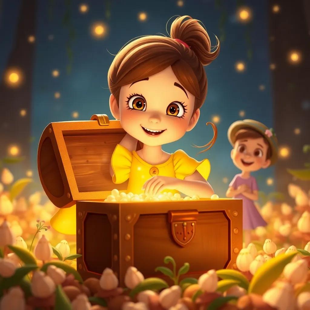 Ella, a curious girl with brown hair in a ponytail, wearing a bright yellow dress, opening a treasure chest with her friends, surrounded by magical seeds, warm glowing light, joyful and heartwarming scene