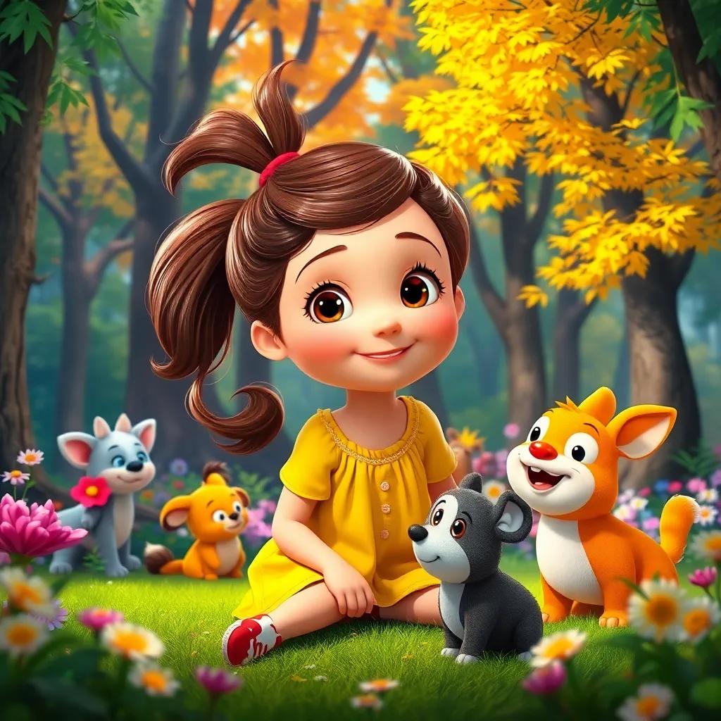 Ella, a curious girl with brown hair in a ponytail, wearing a bright yellow dress, happily playing with her animal friends in the forest, colorful trees and flowers, enchanting atmosphere