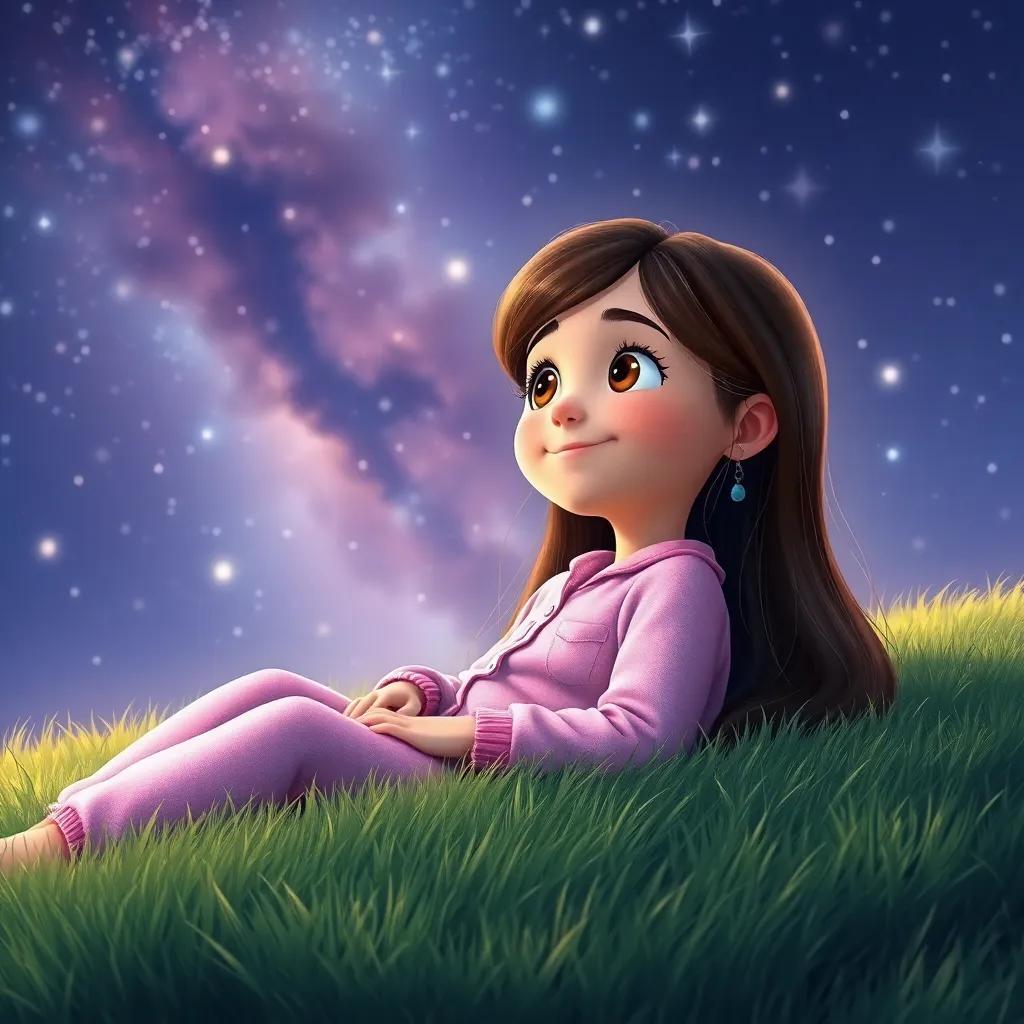 A young girl, Ella, with long brown hair wearing a cozy pink pajamas, laying on soft grass staring at a starry night sky filled with twinkling stars, digital art, dreamy, vibrant colors, peaceful atmosphere, high quality