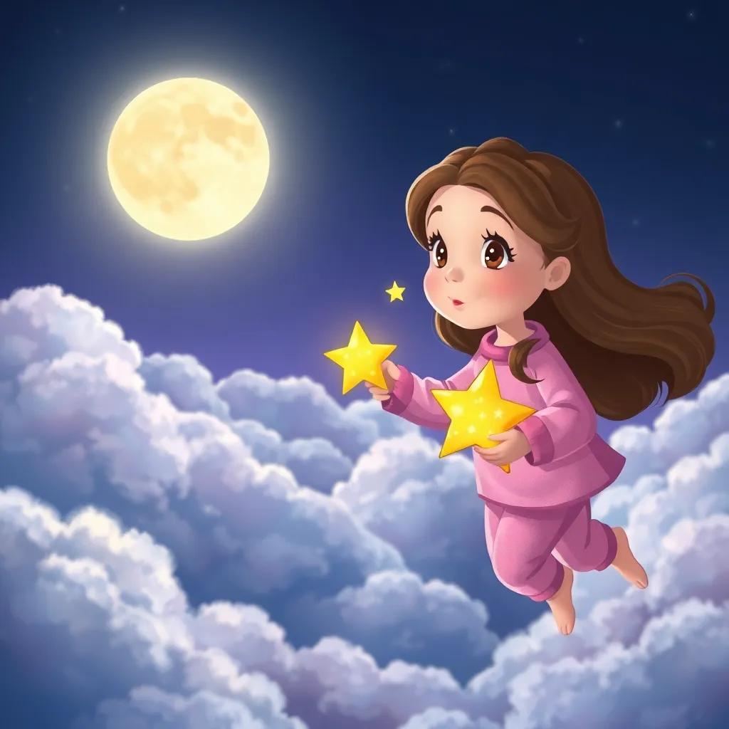 Ella, a young girl with long brown hair in cozy pink pajamas, holding hands with a small sparkling star named Twinkle, who has a golden glow, flying above fluffy clouds under a bright moon, illustration, magical, adventure-themed, child-friendly