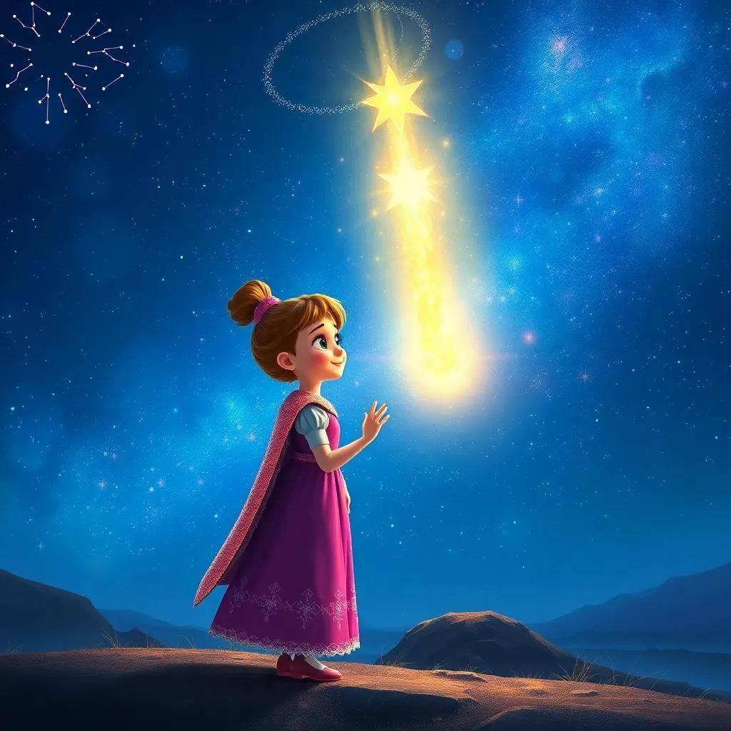 Ella meeting Orionis, a tall bright star with a shimmering cloak, surrounded by the constellations in a beautiful night sky, sparkles and starlight, digital painting, enchanting colors, captivating scene, high quality