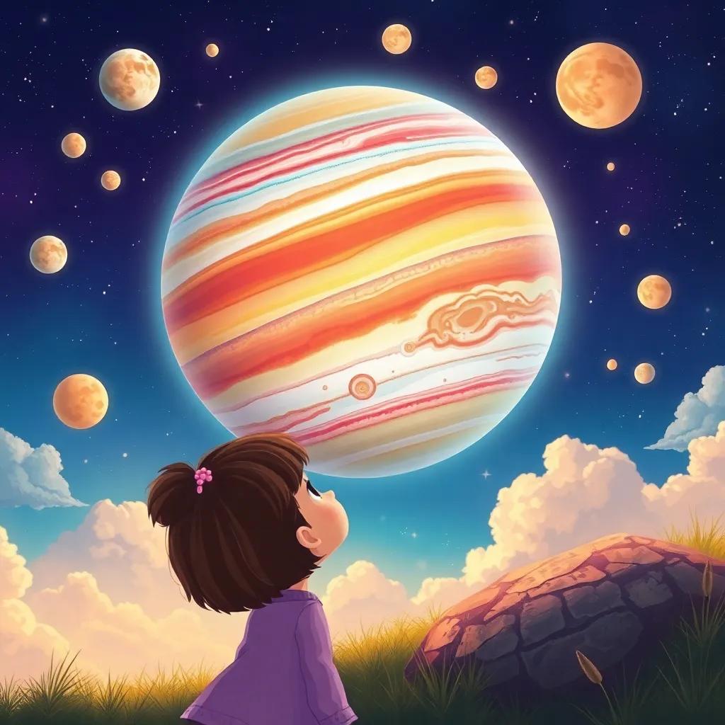 Ella gazing up at the colorful planet Jupiter, which has swirling clouds and many moons, with a friendly giant appearance, illustration, imaginative, vibrant colors, child-friendly