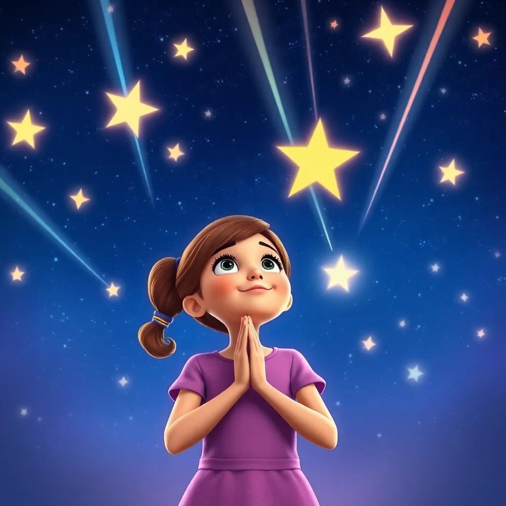 Shooting stars zooming across the night sky, with Ella looking up in wonder, holding her hands together in a wish, digital art, bright colors, magical atmosphere, high quality
