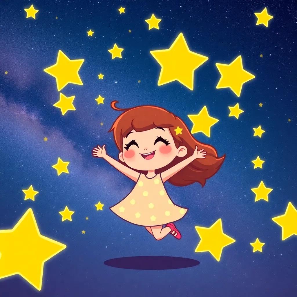 Ella dancing among sparkling stars with Twinkle and Orionis, feeling joyful with a backdrop of the Milky Way, illustration, cheerful, colorful, child-friendly