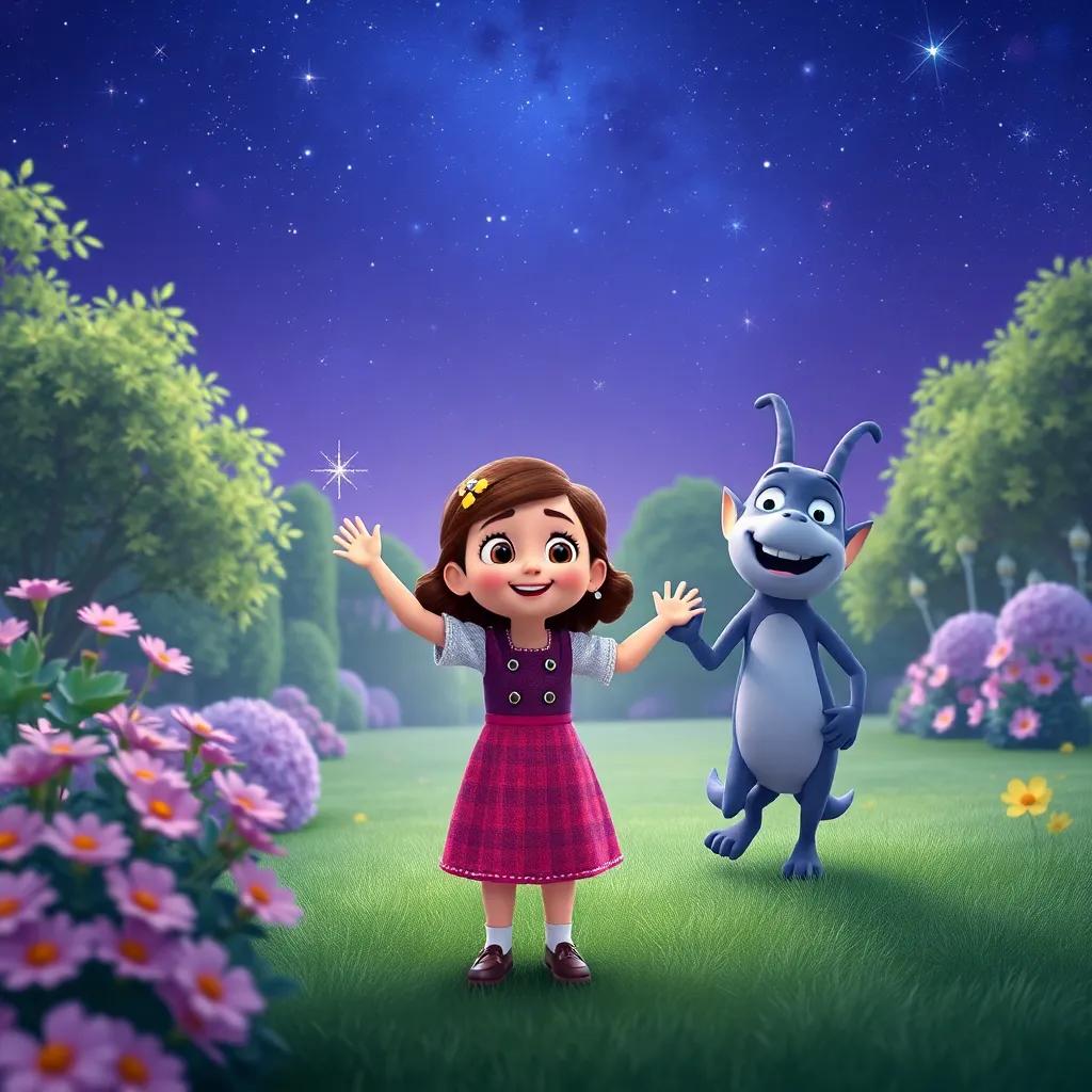 Ella with Twinkle and Orionis, waving goodbye at the end of their adventure under the bright night sky, with a peaceful garden in the background, digital art, heartwarming, calm colors, high quality