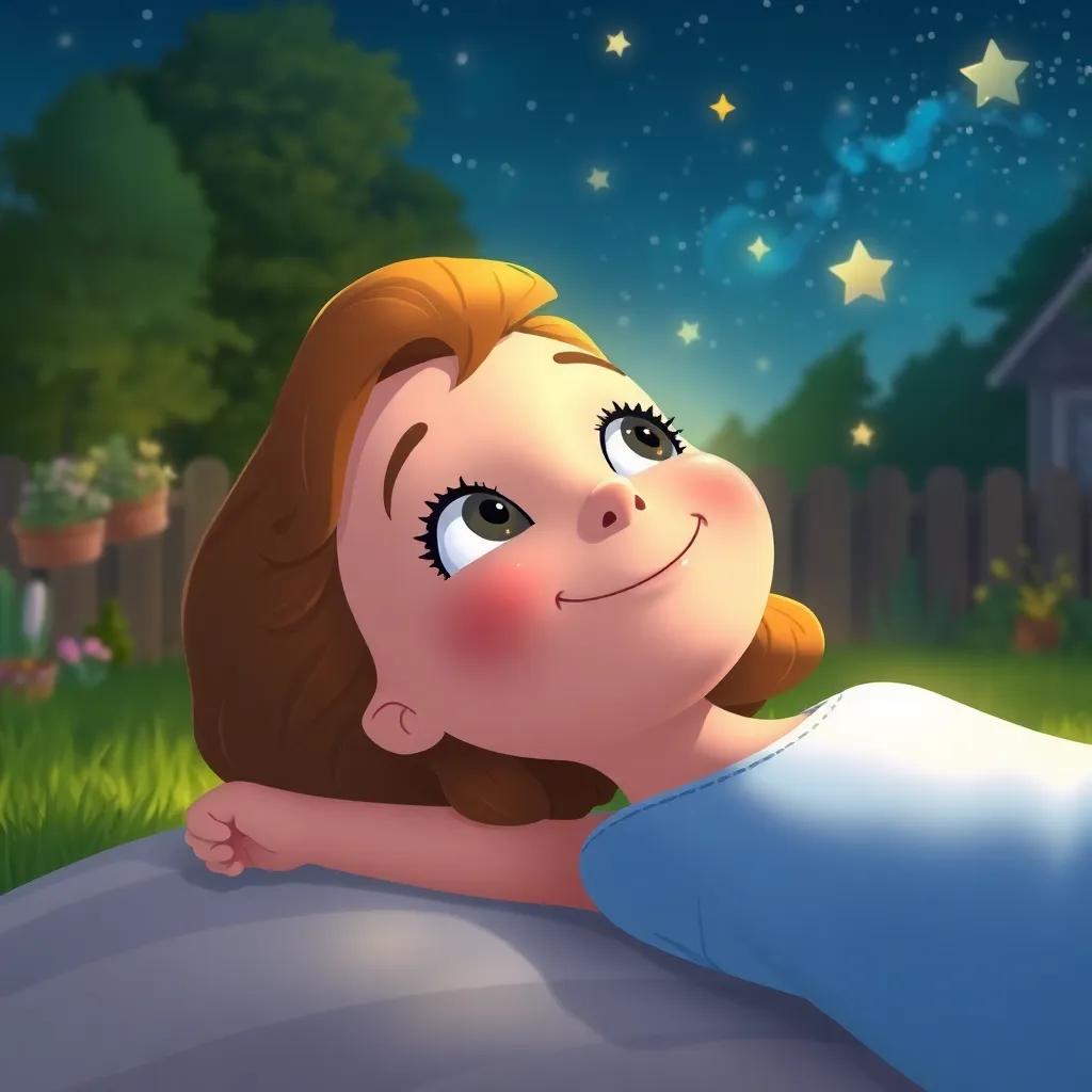 Ella laying in her backyard, gazing at the stars with a dreamy smile on her face, feeling connected to the universe, illustration, tranquil, soft lighting, child-friendly