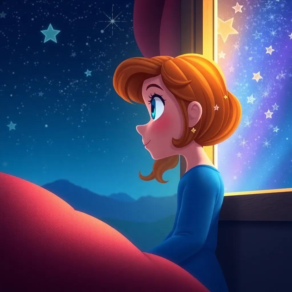 Ella remembering the magic of the stars with a twinkle in her eye while looking out her window at the night sky, digital art, nostalgic, vibrant colors, cozy atmosphere, high quality