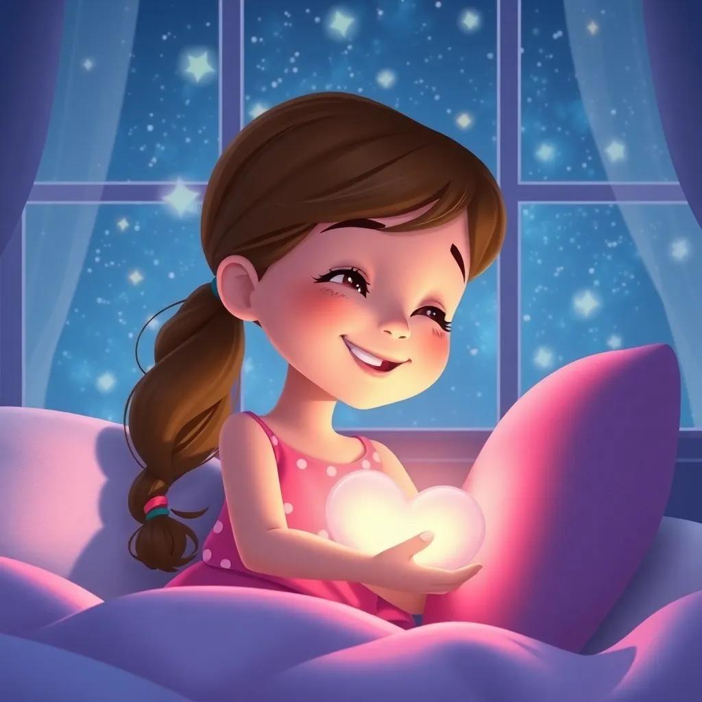 Ella's heart full of joy as she drifts off to sleep, the stars twinkling outside her window, illustrating the wonders of the universe, soft lighting, dreamy, comforting colors, high quality