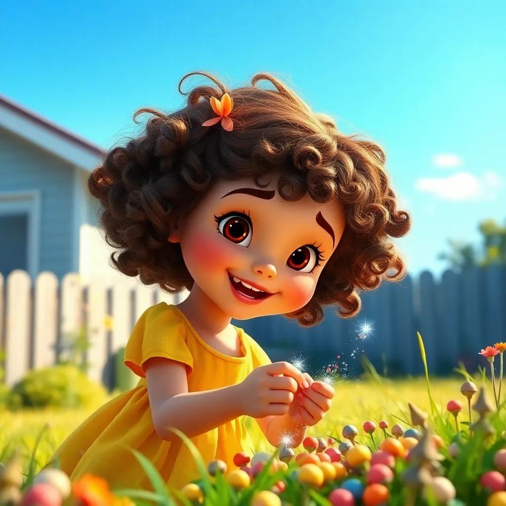 A cheerful girl named Ella with curly brown hair, wearing a bright yellow dress, discovering sparkling, colorful seeds in her backyard under a clear blue sky, digital art, vibrant colors, warm lighting, enchanting atmosphere, high quality