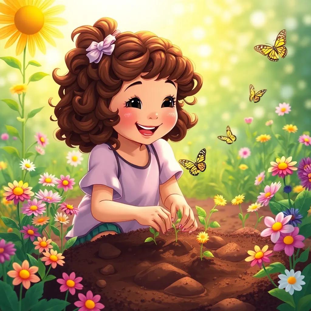 Ella, a cheerful girl with curly brown hair, energetically planting magical seeds in her sunny garden, surrounded by flowers and butterflies, detailed, colorful illustration, joyful mood, child-friendly