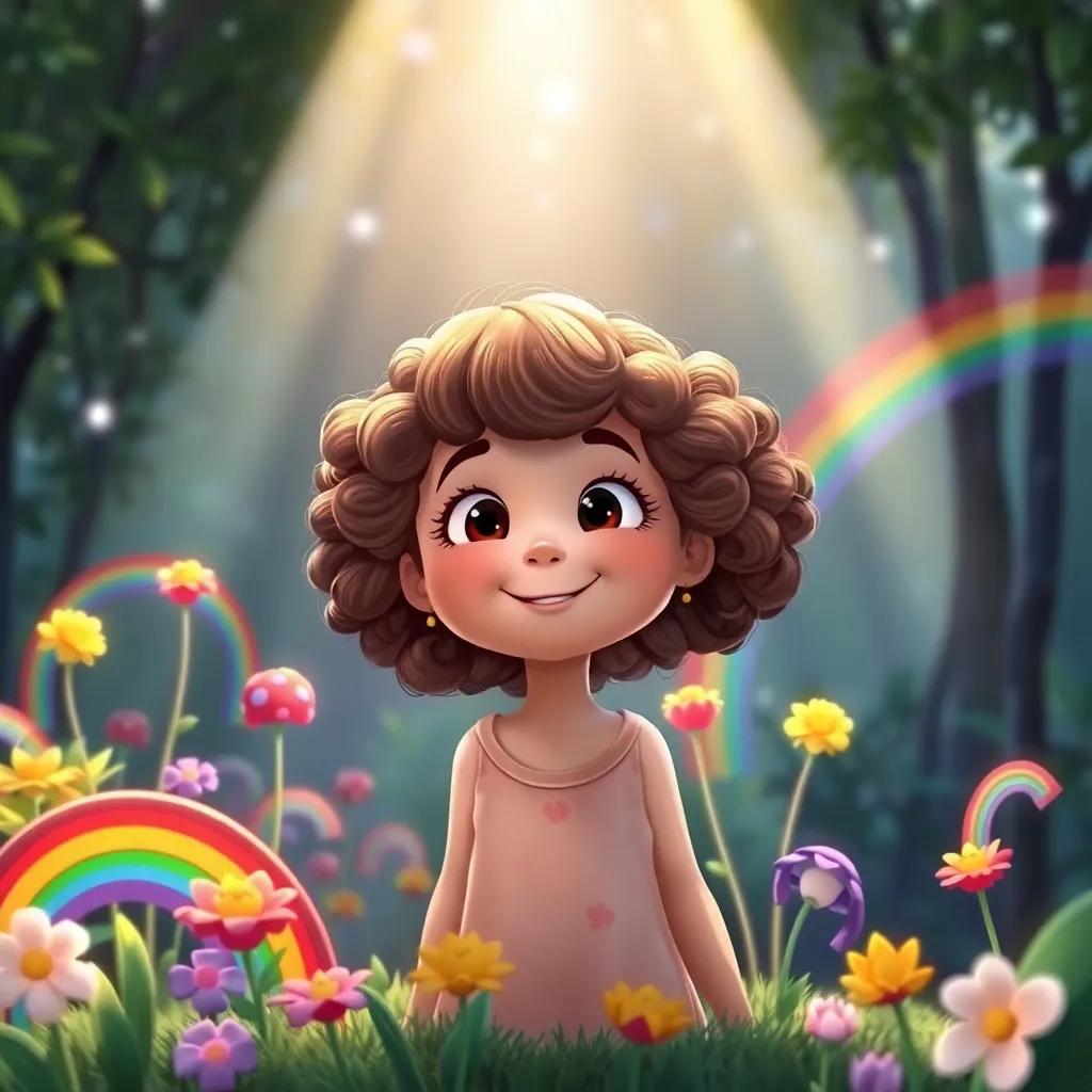 Ella, a cheerful girl with curly brown hair, waking up to seven colorful rainbows sprouting in her garden, sunlight shining through the rainbows, magical and cheerful atmosphere, vibrant colors, high quality